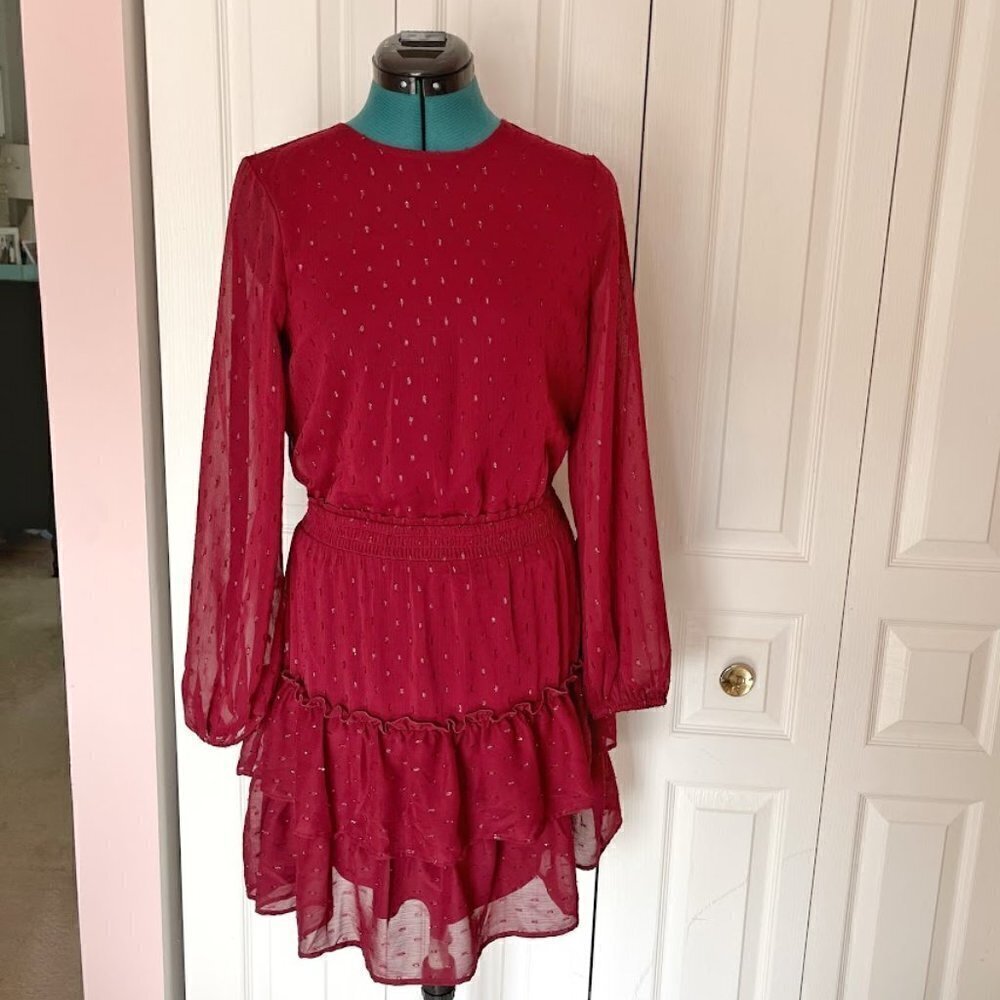 Express Sequin Sheer Long Sleeve Lightweight Ruffle Tiered Layer Lined Dress